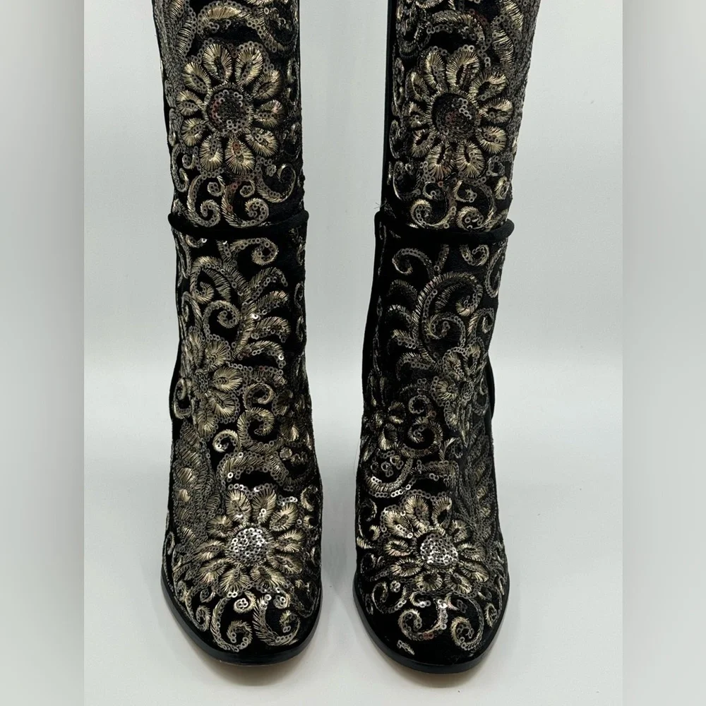 NWT Stuart Weitzman Black Alljil Knee High Sequin-embroidered Velvet Boots Sz 6